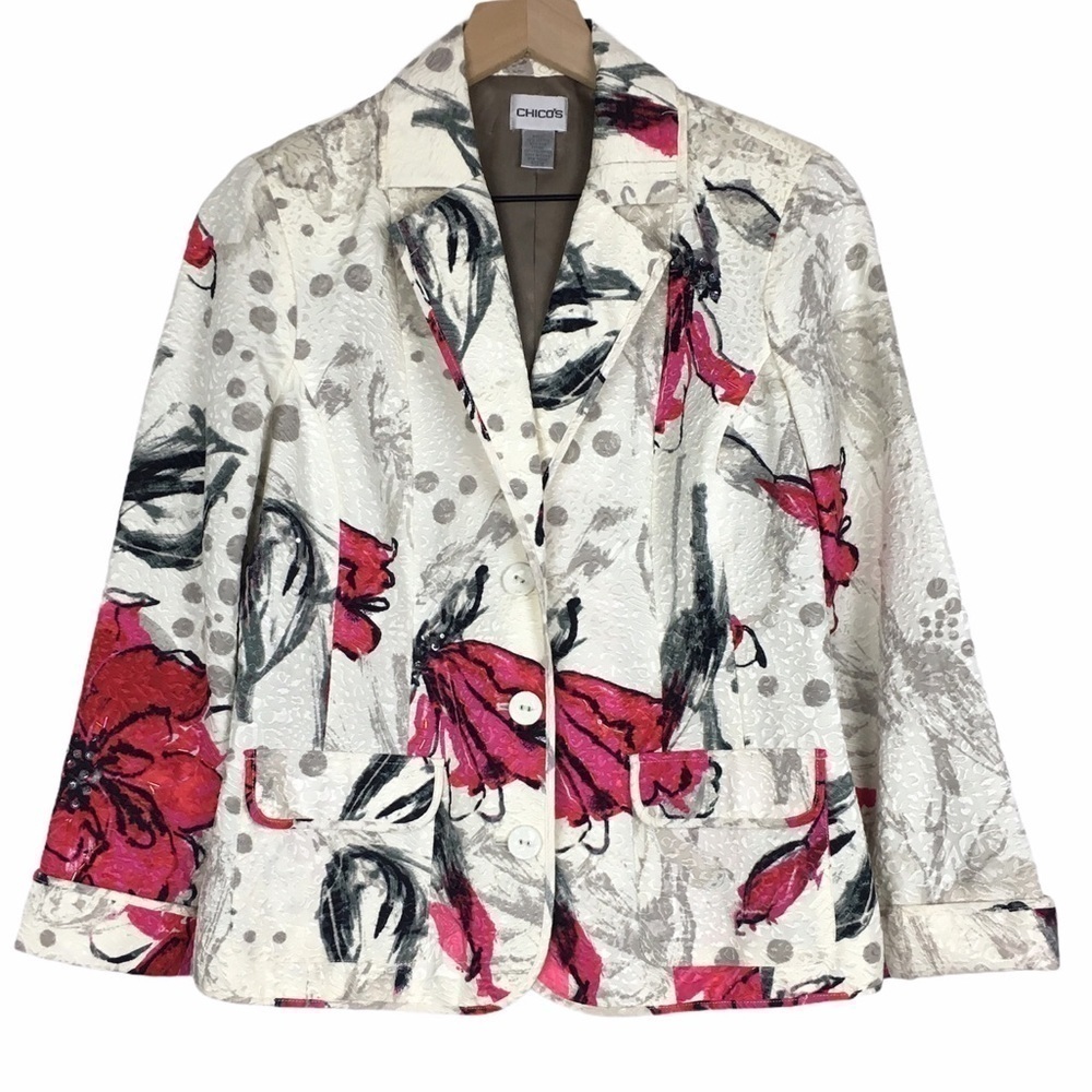CHICOS Blazer Jacket Silk Floral Leopard Animal Print Beads Sequins Size 0 Small